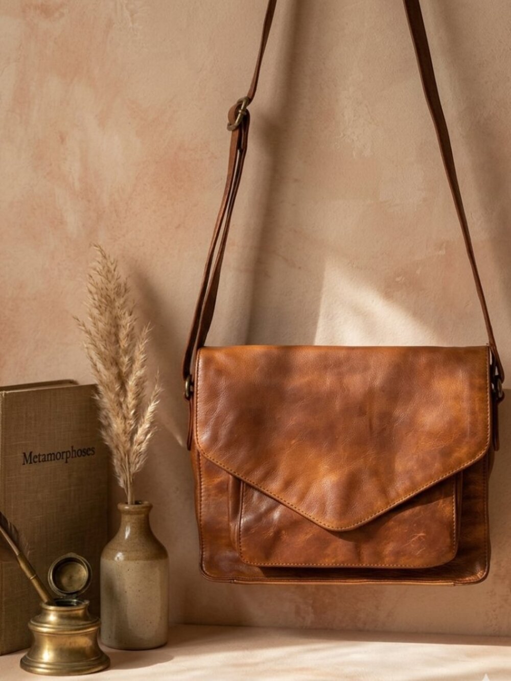 Vintage Style Cognac Vegan Leather Crossbody Messenger Bag Multi-Pocket